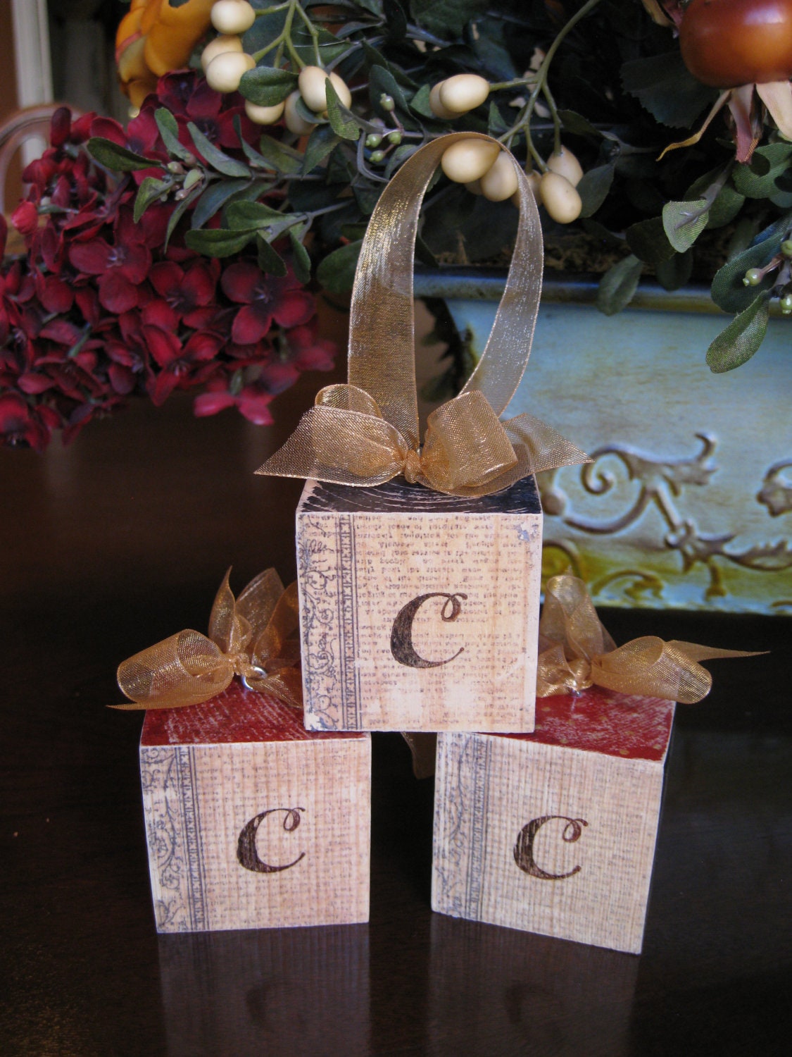 Three Custom Color Wedding Photo Blocks Ornament or Door Hangers