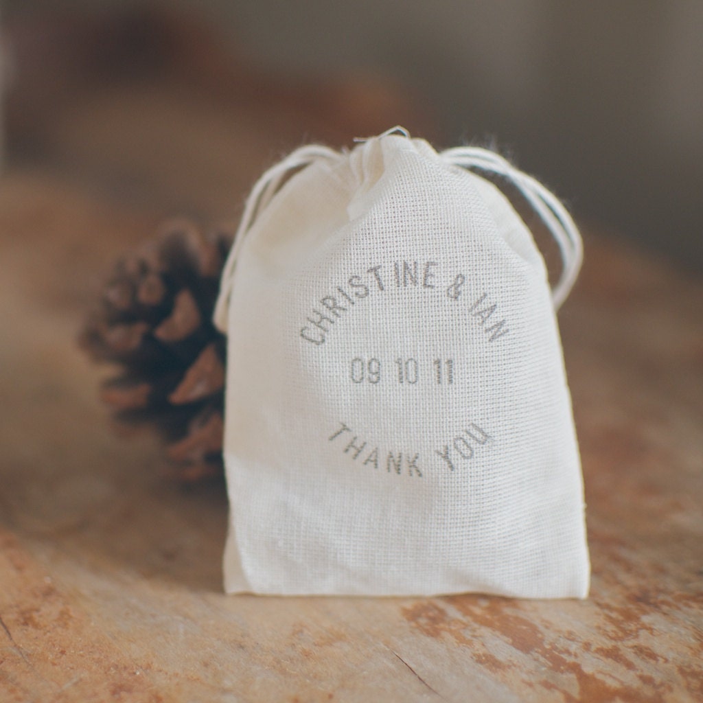 50 Small Thank You Muslin Bags for Favors Hand-Stamped with First Names, Wedding Date and Thank You