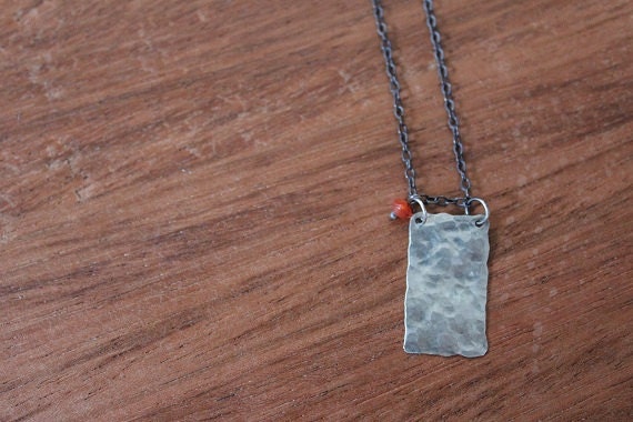 Large ticket necklace, Silver tag necklace with carnelian stone, Silver rectangle necklace, Carnelian and silver pendant necklace