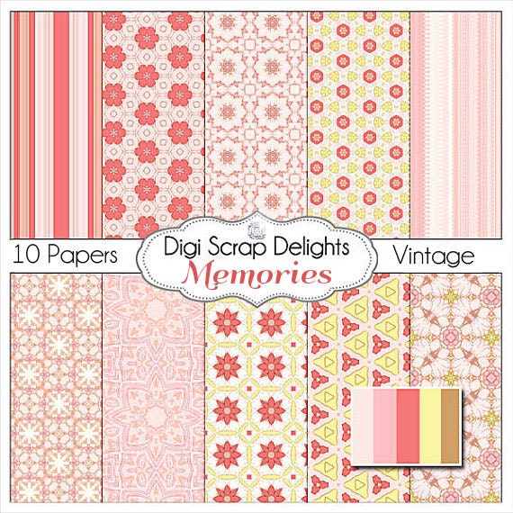 Memories Vintage Scrapbook Paper in Lovely Digital Pink & Yellow for Digital Scrapbooking, Cards, Instant Download