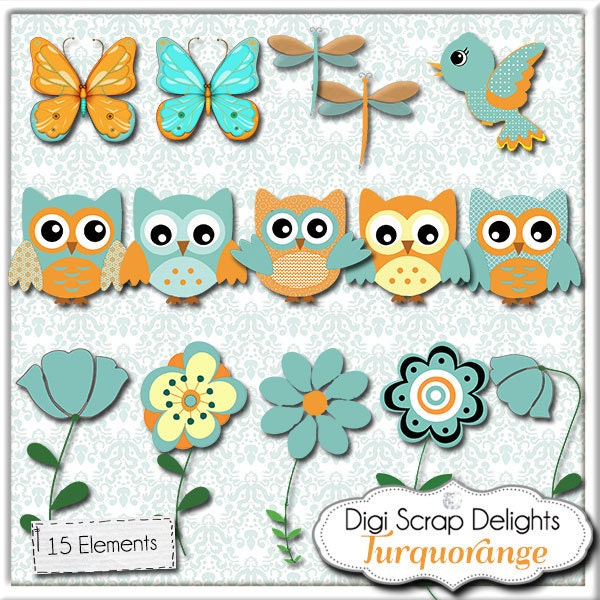 Baby Owls, Turquoise Orange for Baby Birthday Digital Clip Art for Scrapbooking, Card Making, Invites, Crafts, Instant Download