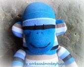 sock monkey,  FREE HEART or MONOGRAM patch, sock monkey doll, monkey, blue, plush monkey, monkey plush