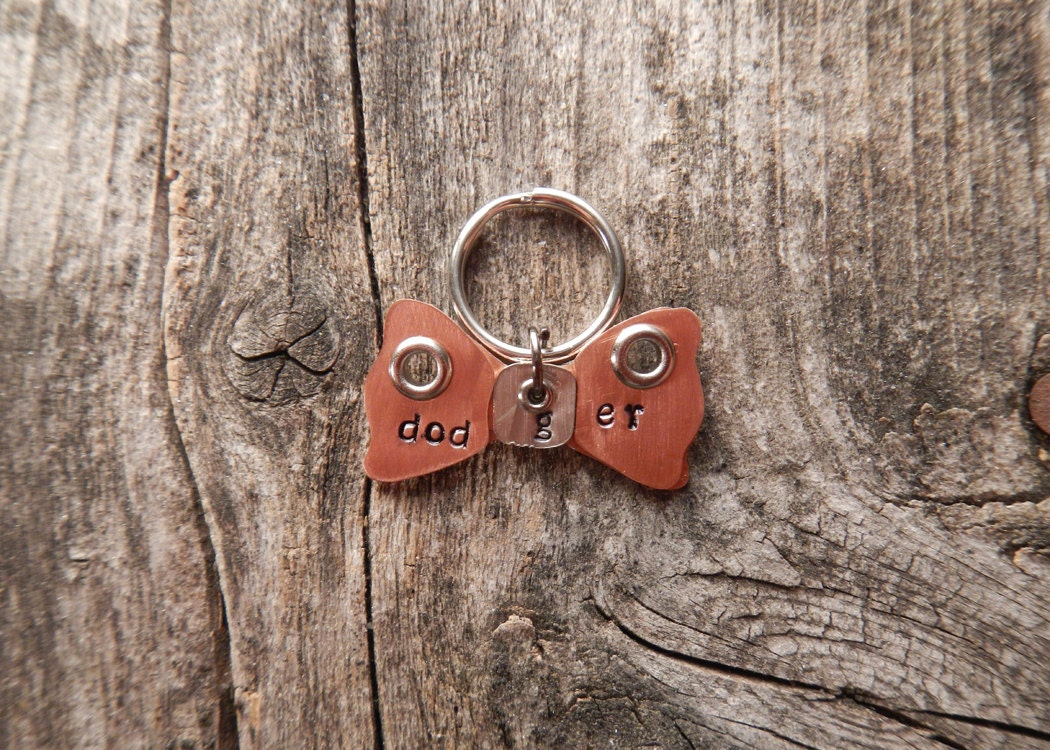 Pet Tag Dog Tag ID Artisan Charm Bowtie Nickel Custom Circle Rivets Stamped Keychain Pendant Pet Lover