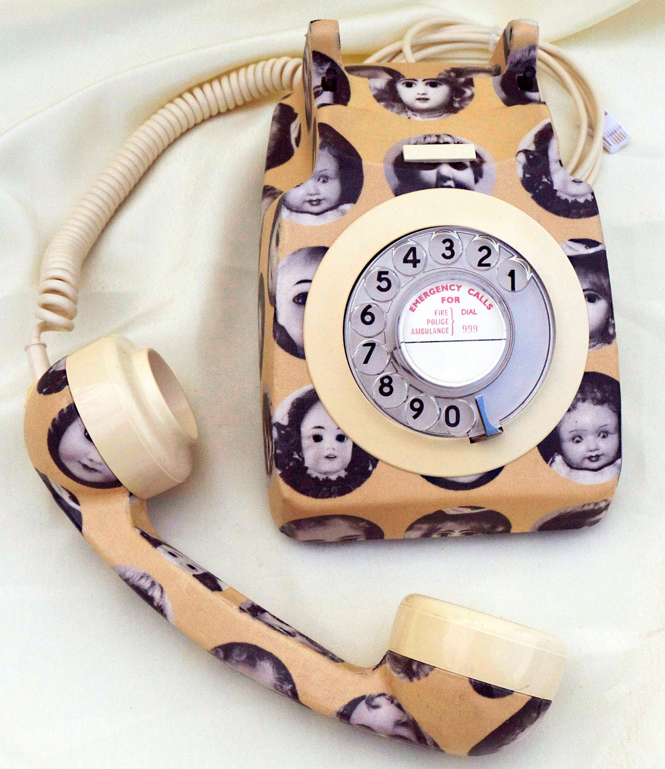 Unique Doll Face in Beige Upcycled Vintage Rotary Phone FULLY WORKING