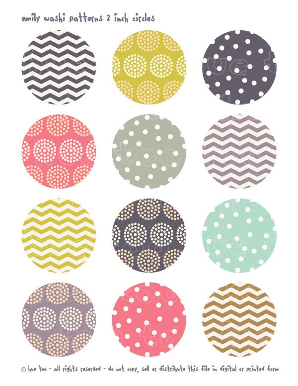 washi patterns 2 inch circles digital collage sheet, pink aqua purple mustard yellow, chevron polka dot party printable cupcake toppers  911