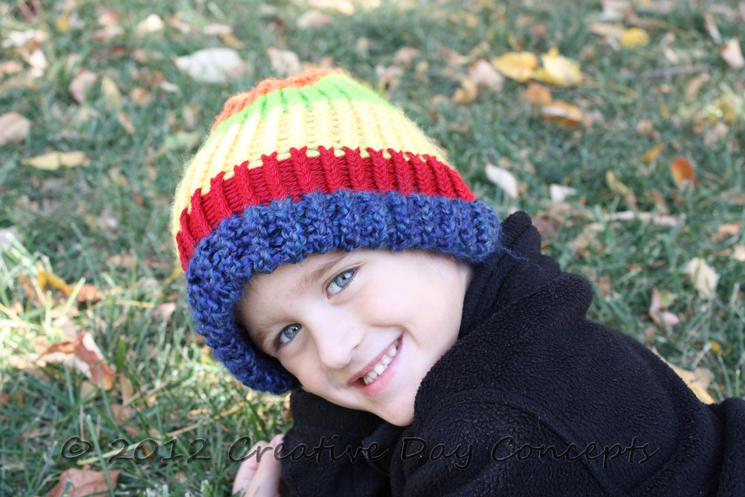 Children's crocheted bold color stripes yarn hat...blue, red, yellow, green, and orange yarn