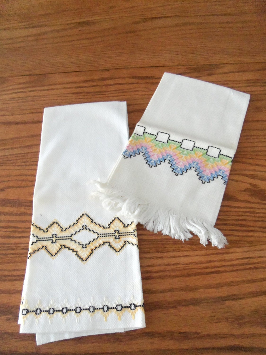 2 Vintage Swedish Huck Weaving  Hand Towels, Scandinavian Design, Pastel Colors on White Huck Toweling