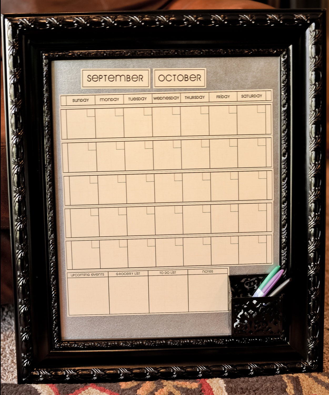 Medium Dry/Wet Erase Calendar with 5 Weeks at All Times.  Thick Black Vintage Frame with Choice of Calendar Color.