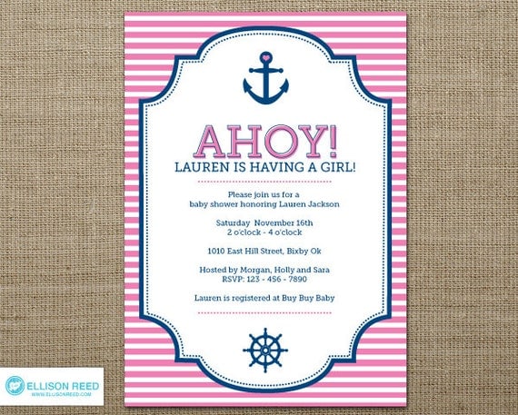 Nautical Invitation - Nautical Baby Shower Invitation - Anchor - Nautical Printable - Girl Baby Shower - Heart - Pink - Blue - Birthday Il_570xn