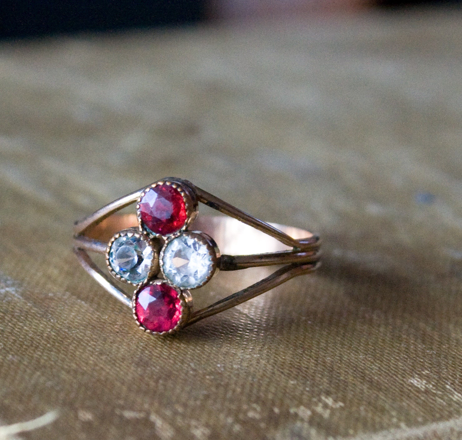 SALE was 105 . Antique Victorian Ring - Engagement Style Ring - 1890s - 1910s Jewelry - Ruby Red and Crystal Paste Stone Gold Filled Ring