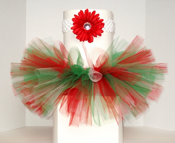 Christmas Tutu - Winter Tutu - Baby Tutu - Red, Green and White Tutu - Headband and Flower Clip Included