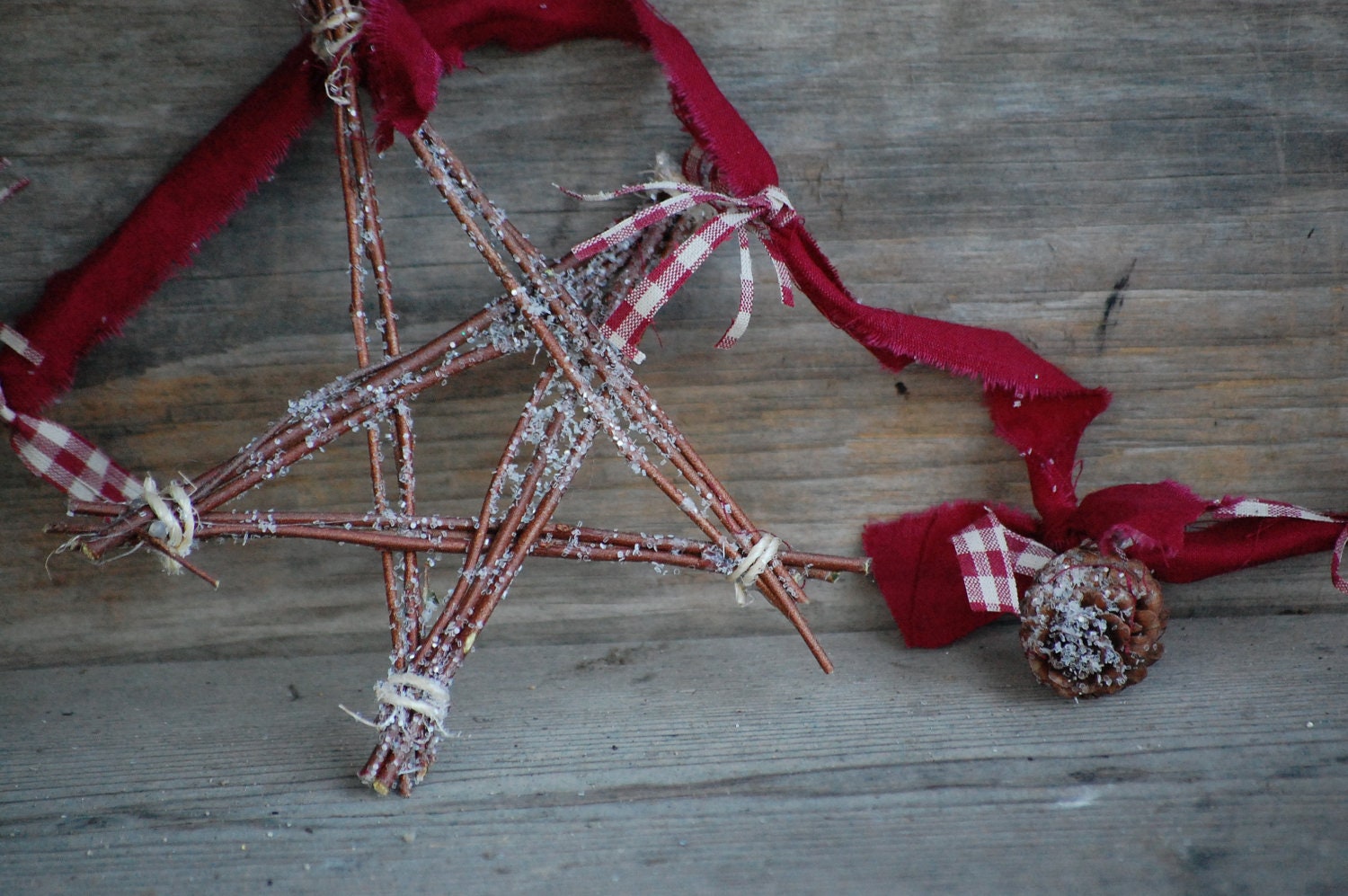Christmas Garland red white brown twig star and pinecone glitter  garland 12' longfor the tree or hearth