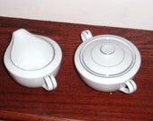 Set NASCO JAPAN SWEET Afton China Pattern 6207 Sugar Bowl Lid Cover and Creamer Pitcher Platinum Trim Excellent Condition