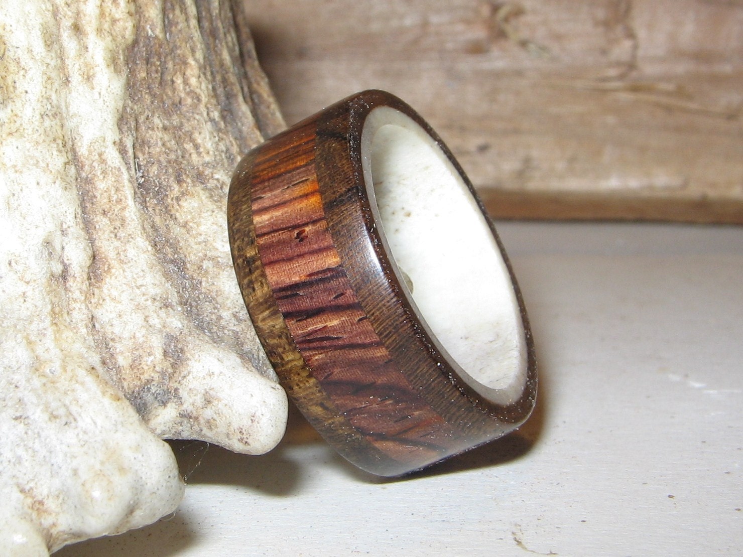 Ziricote and Cocobolo Lined with Antler, Custom Wood and Antler Ring