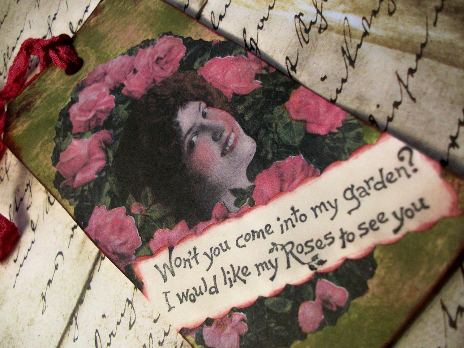 OOAK Mixed Media Large Tag/Bookmark "Won't You Come Into My Garden" For Gifting or Journaling