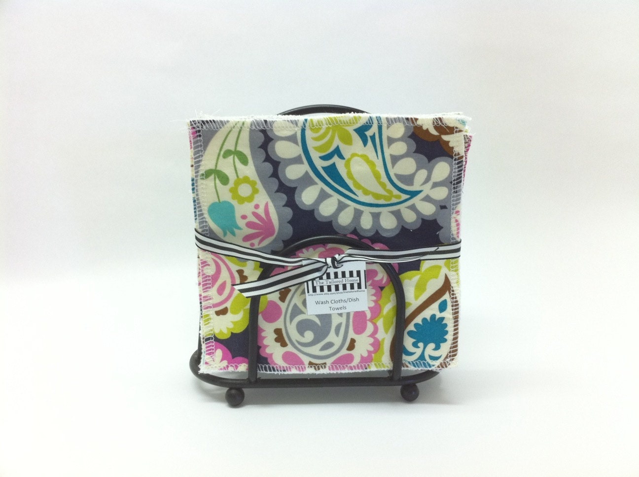 Wash Cloths, Napkins, Reusable Towels - Bright Paisley on White Terry Cloth - Set of 4
