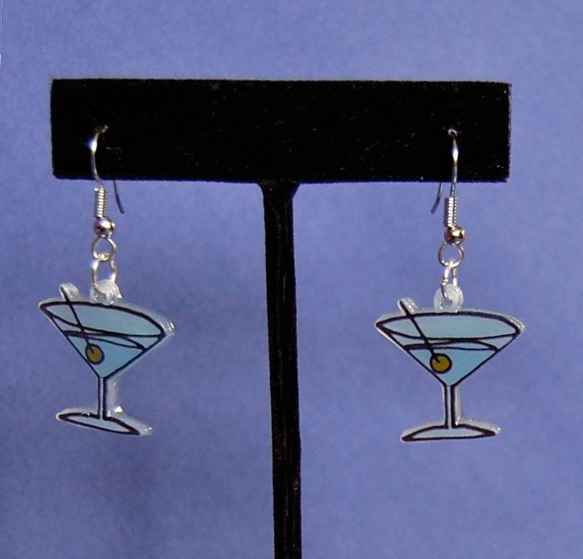 Martini Cocktail Earrings  -  Hanging Shrinky Dink - Shrink Plastic