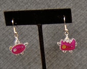 Magenta Monster Earrings  - Hanging Surgical Steel -  Shrinky Dink - Shrink Plastic