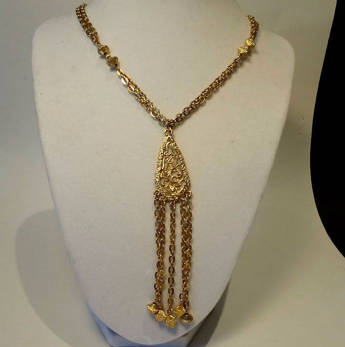 Gold Chain Necklace with Modernist Pendant and Dangling Chains- Vintage 1960's