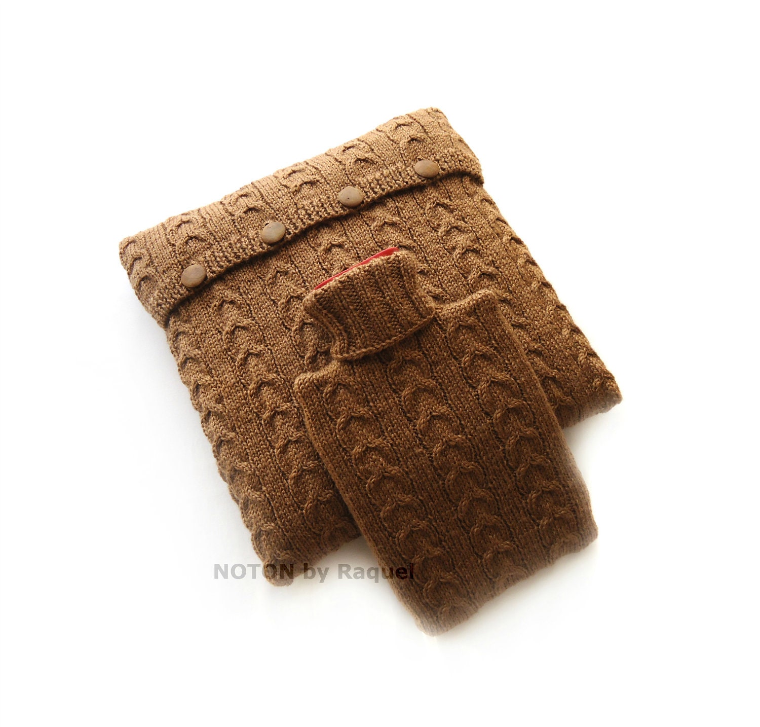 Light Brown Pillow and Hot-water Bottle Cover Set, handmade hottie cozy, knit pillow cover, handknit pillow case, houseware covers