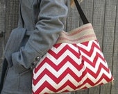 Lipstick Red and Cream Chevron Zig Zag Pleated Handbag Purse Tote Bag with Jute Webbing and Faux Suede Strap
