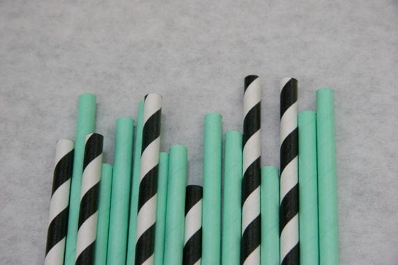 Retro Paper Straws, 50, Solid Teal & Black Striped Paper Straws, Ice Cream Parlor Il_570xn