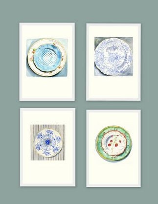 Still Life Kitchen Decor of Original Watercolor Painting -- Vintage Plates 3