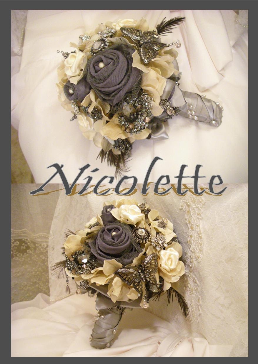NICOLETTE - Champagne / Ivory / Grey Brooch Bridal Bouquet