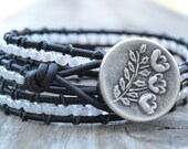 CLEARANCE Pearly white beaded, black leather triple wrap bracelet, Rustic Country-Boho chic