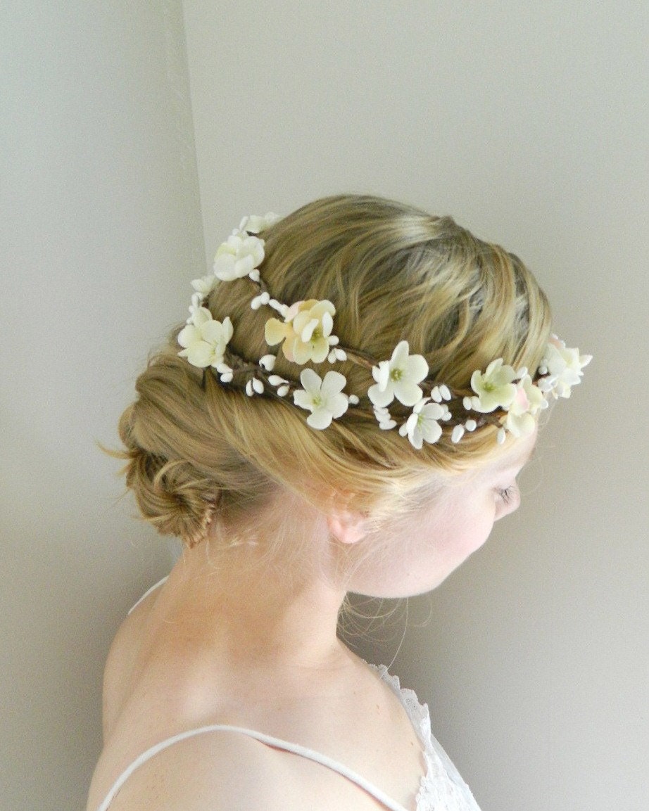 Cherry Blossom Double Flower Crown - White Ivory Bridal - Rustic Weddings