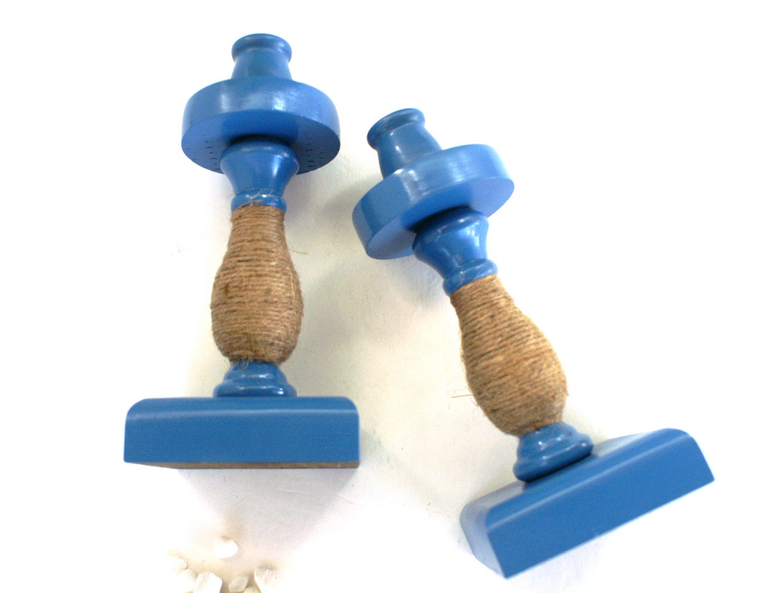 Turquoise Wooden Candlesticks Wrapped with Jute Twine