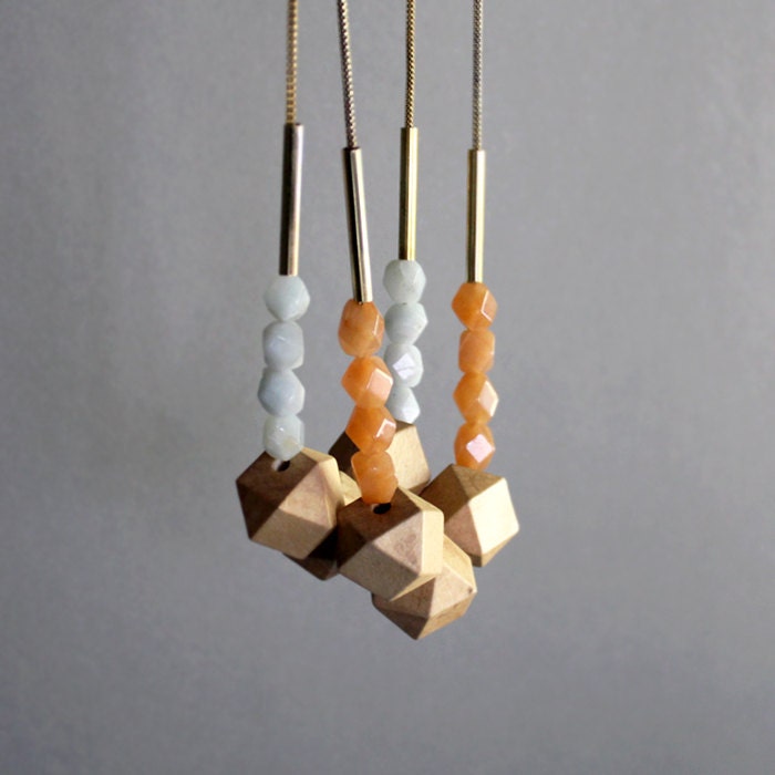Faceted Wooden Geometric Bauble Necklace / long statement fashion necklace / orange or grayed jade/mint gemstones, wood beads, vintage chain