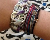 Pull Tab Bracelet-Purple, Green and Yellow Recycled/Upcycled Tie Dye Tarn/T Shirt Yarn