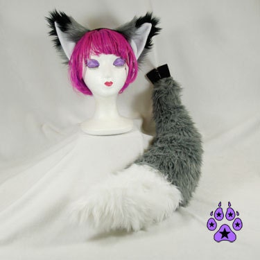 Purple FOX Ears BIG 30in Tail  Headband  Costume kitsune wolf anime cosplay furry rave cyber goth faux fur 4001 White tip