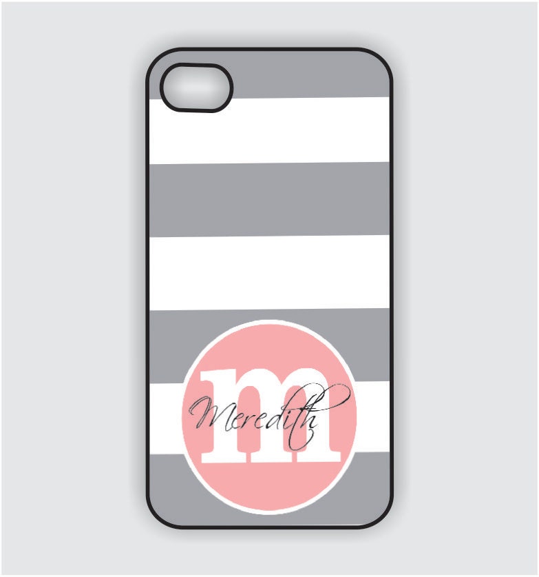 Monogram iPhone 5 Case - Grey Stripes / Pink Monogram - iPhone Case, Monogram iPhone Case, iPhone 5 Case, iPhone 5 Cover IPHONE 5