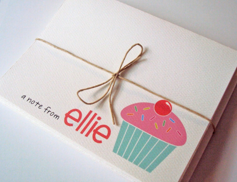 Personalized Kid's Stationery - Cupcake - Girl's Custom Note Cards - Set of 10 With Envelopes