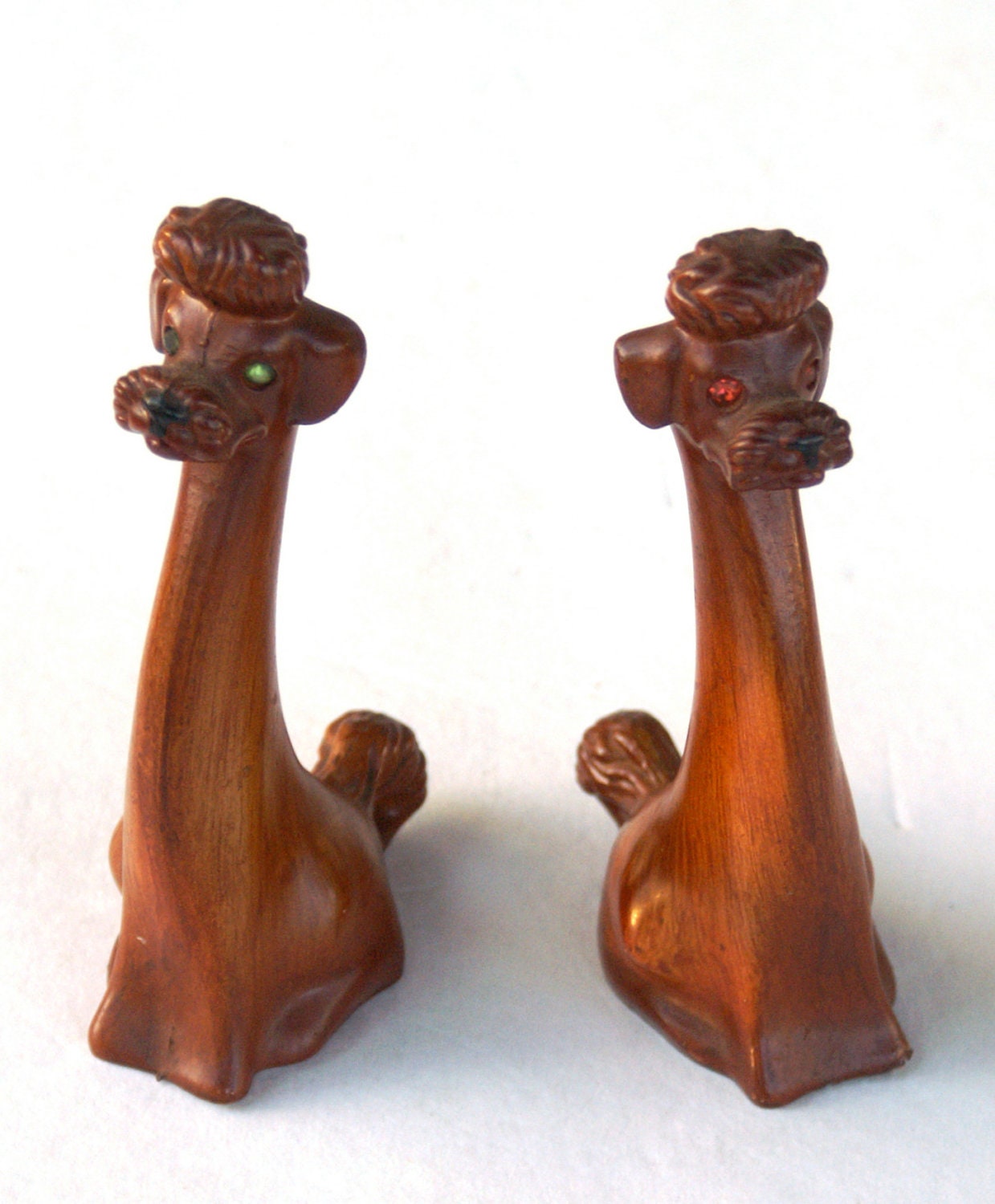 Vintage Poodle Figurines Faux Wood Finish and Rhinestone Eyes