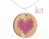 Cross Stitch Kit - Bamboo Pendant Necklace with Pink Heart
