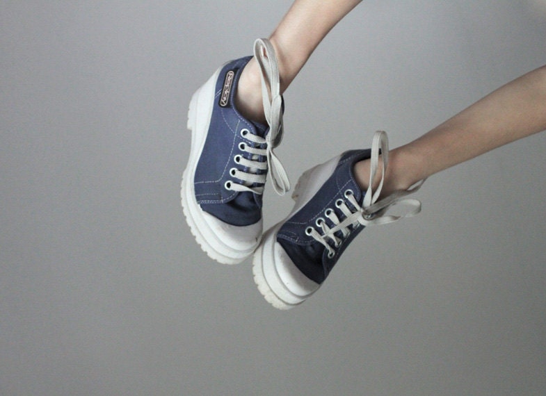 Blue denim wedge platform sneakers