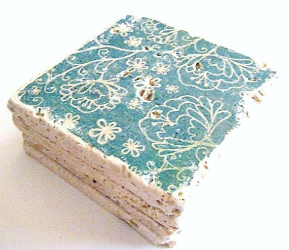 SALE Teal Blue Green Floral Coaster Set of Four