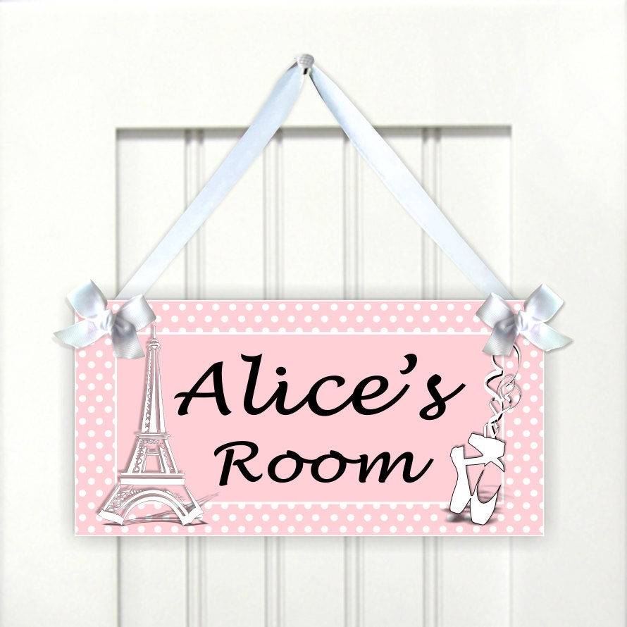 personalized eiffel tower and ballet slippers door sign - light pink girls door signs - kids Paris french decor