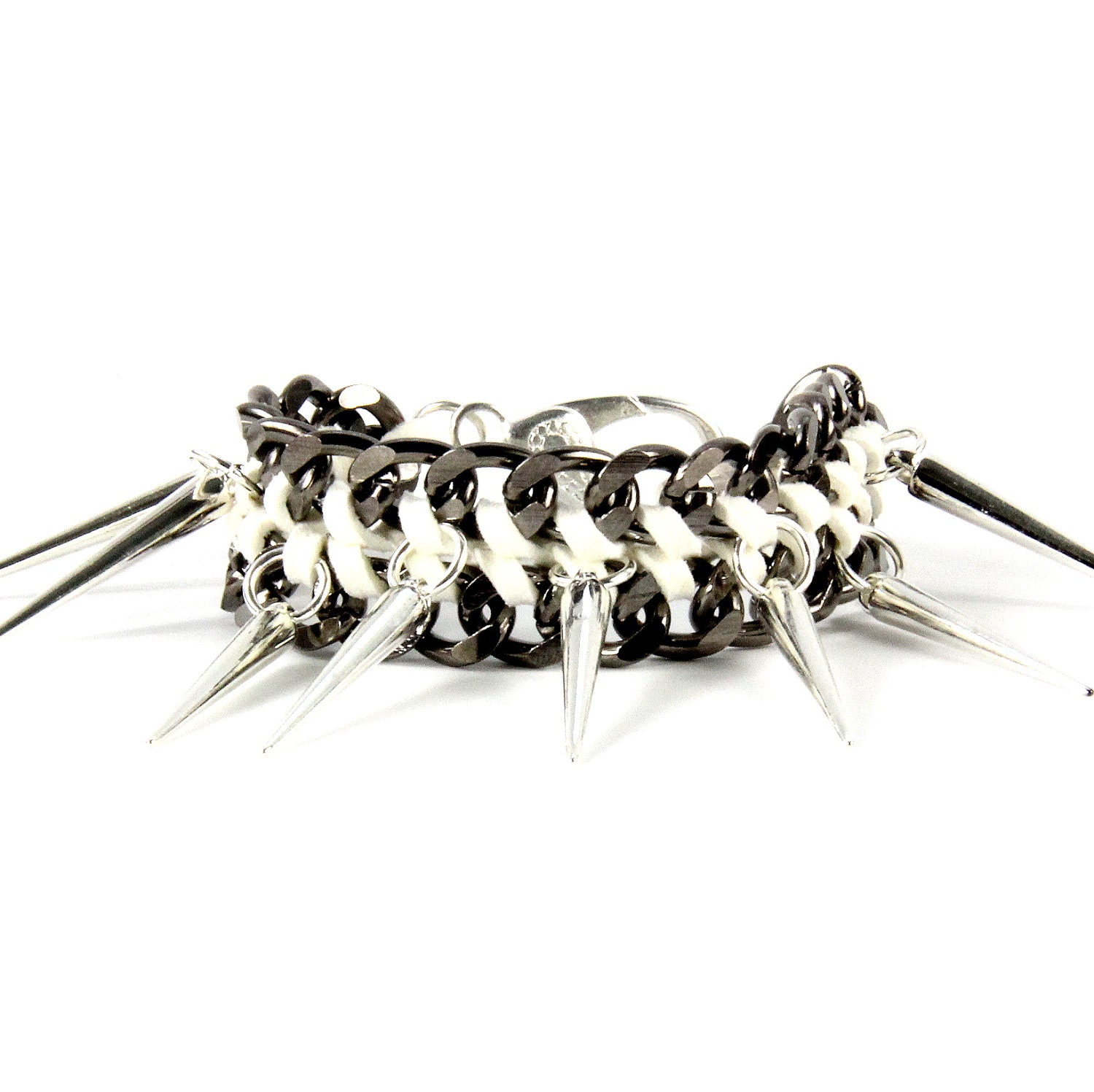 Leather Spiked Bracelet Silver Chain Bracelet: Twila