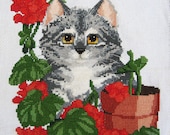 Finished Cross-stitch Cat with Red Geraniums