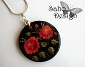 Polish Folk pendant, decoupaged in red, black, green, roses, wycinanki, colorful, perfect gift
