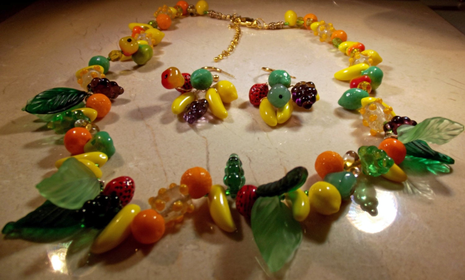 Necklace Handmade Glass Fruit and Vintage Glass Lampwork Beads and Glass Leaves Bonus Earrings Hand Wire Wrapped Carmen Miranda Statement