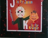 Freddy vs Jason- Original  blood spattered 12" x 12"  canvas art from the HERO SQUARES ABCs of Badassery horror series