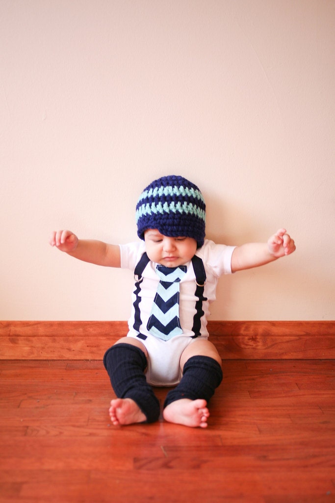 Baby Boy Tie Onesie or Shirt with Suspenders - Aqua and Navy Blue