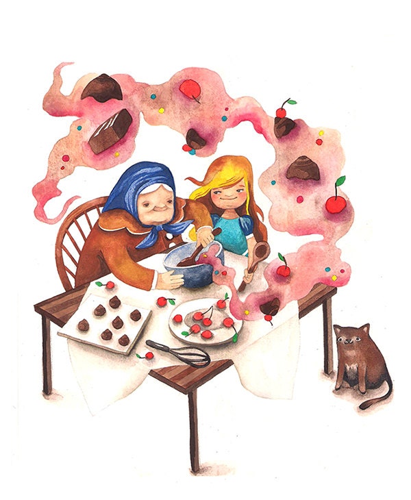 Cooking Grandma Kitchen Art Children Watercolor Illustration Print Sweets