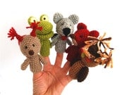 5 animal finger Puppet, crocheted squirrell, frog, fox, owl and wolf, stuffed woodland forest animal, toy to play fairy tale, tiny amigurumi