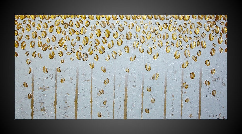 48 x 24 Abstract Modern Acrylic Painting Art Deco Birch Trees Forest Textured White Metallic Gold Modern Ready to Hang Made to Order